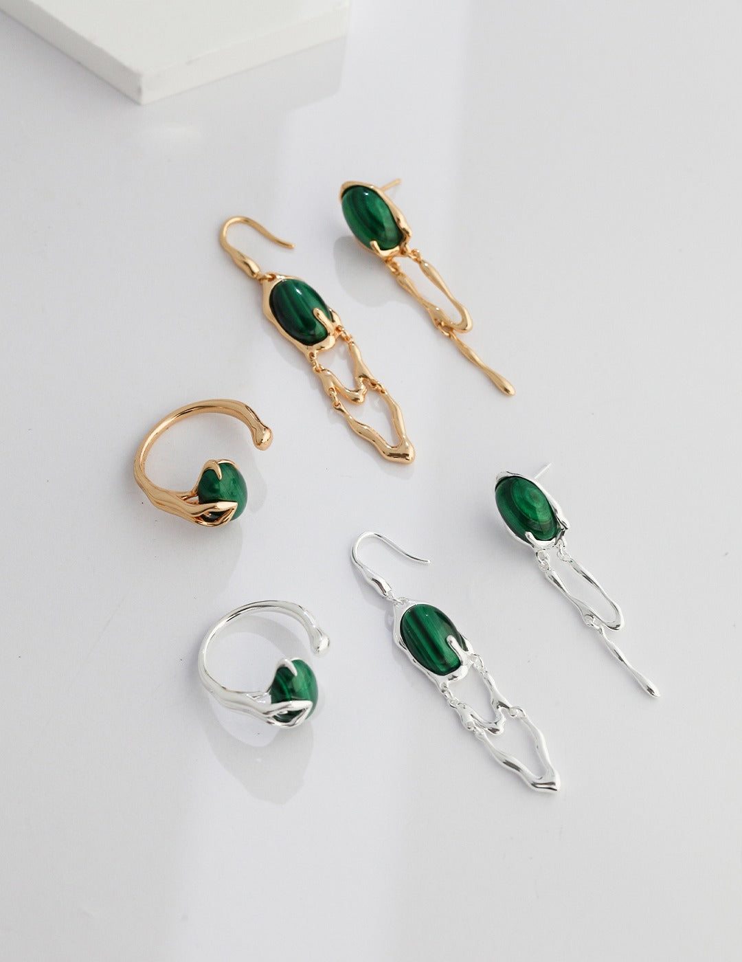 S925 Sterling Silver AB-Style Asymmetrical Earrings with Natural Malachite | Natural Black Onyx (E0856)