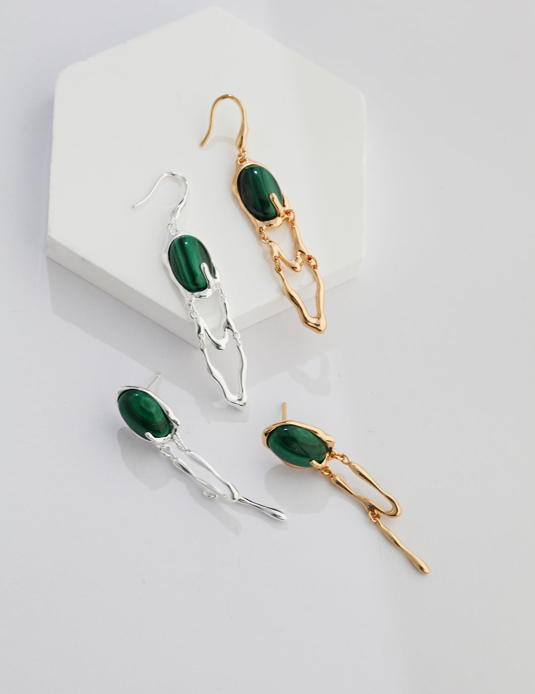 S925 Sterling Silver AB-Style Asymmetrical Earrings with Natural Malachite | Natural Black Onyx (E0856)