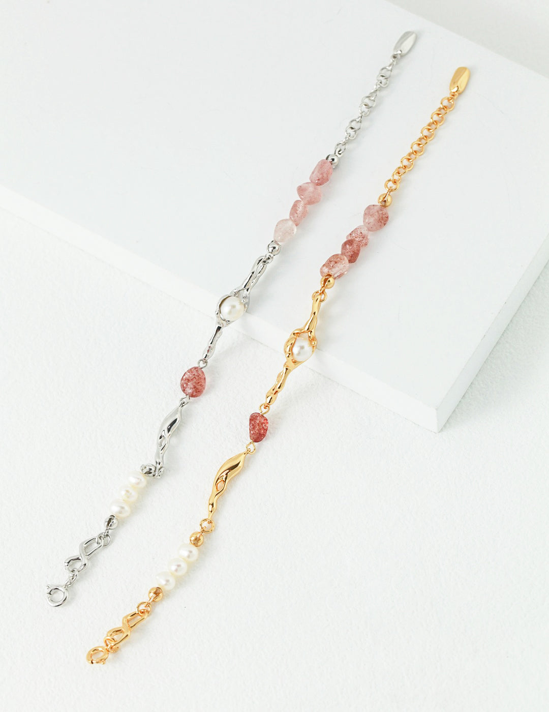 S925 Sterling Silver Pearl & Strawberry Quartz Bracelet (SL0073)