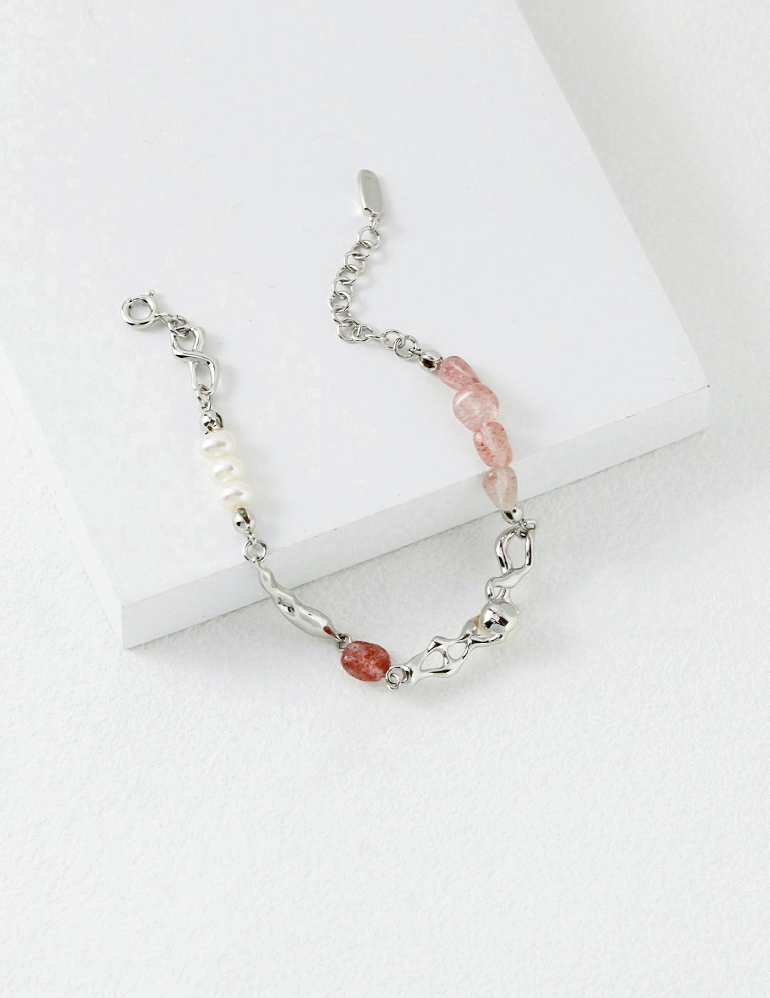 S925 Sterling Silver Pearl & Strawberry Quartz Bracelet (SL0073)