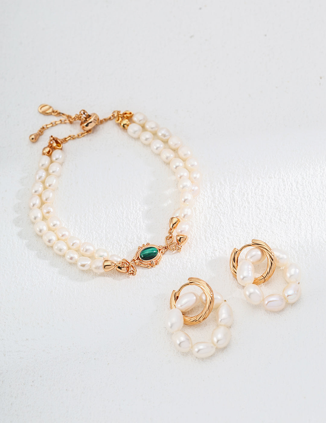 S925 Sterling Silver Adjustable Minimalist Natural Pearl & Malachite Bracelet (SL0172)