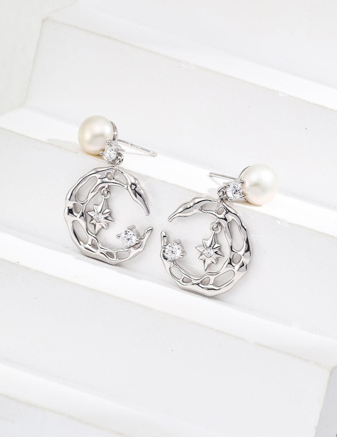 S925 Sterling Silver Natural Pearl & Zircon Earrings - Star & Moon Theme (E01250-2)