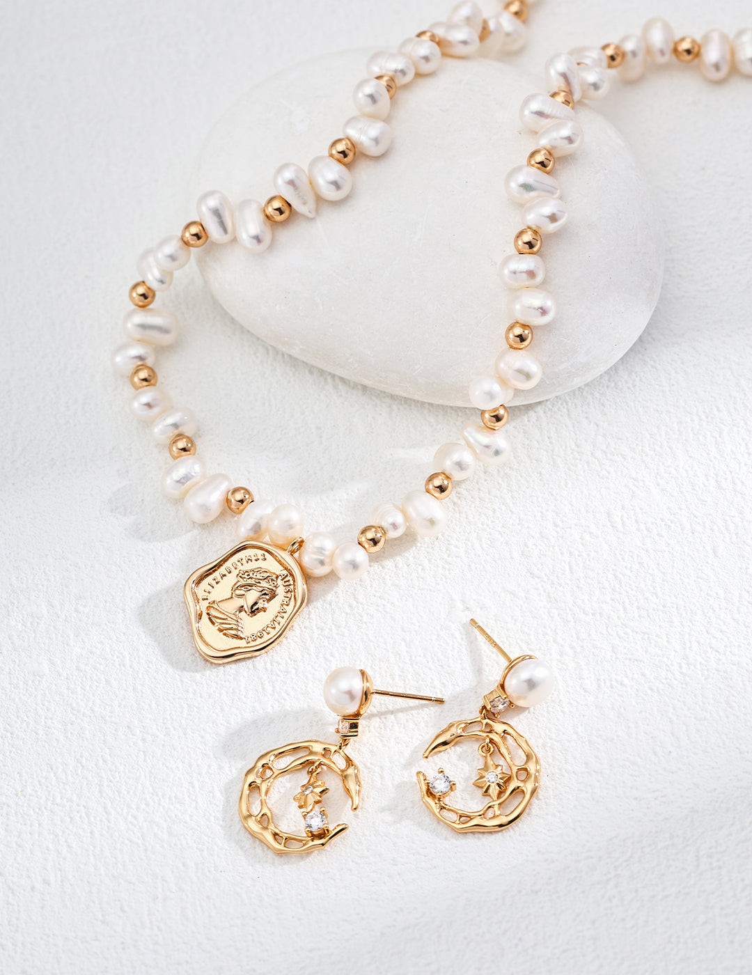 S925 Sterling Silver Natural Pearl & Zircon Earrings - Star & Moon Theme (E01250-2)