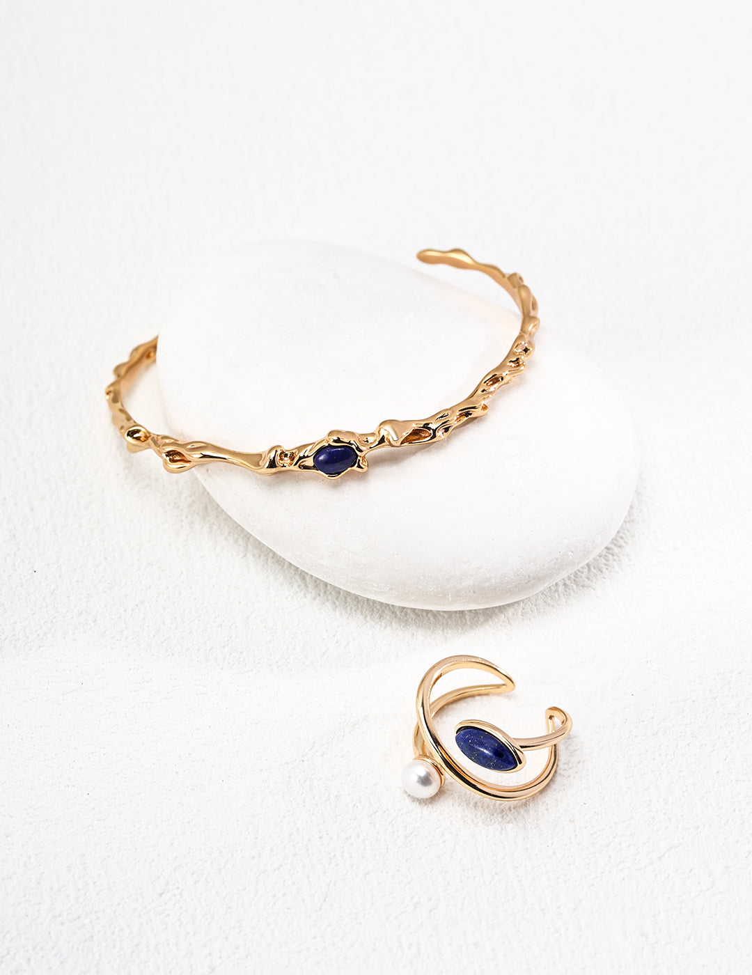 S925 Sterling Silver Minimalist Natural Pearl & Lapis Lazuli Ring (J0262-2)