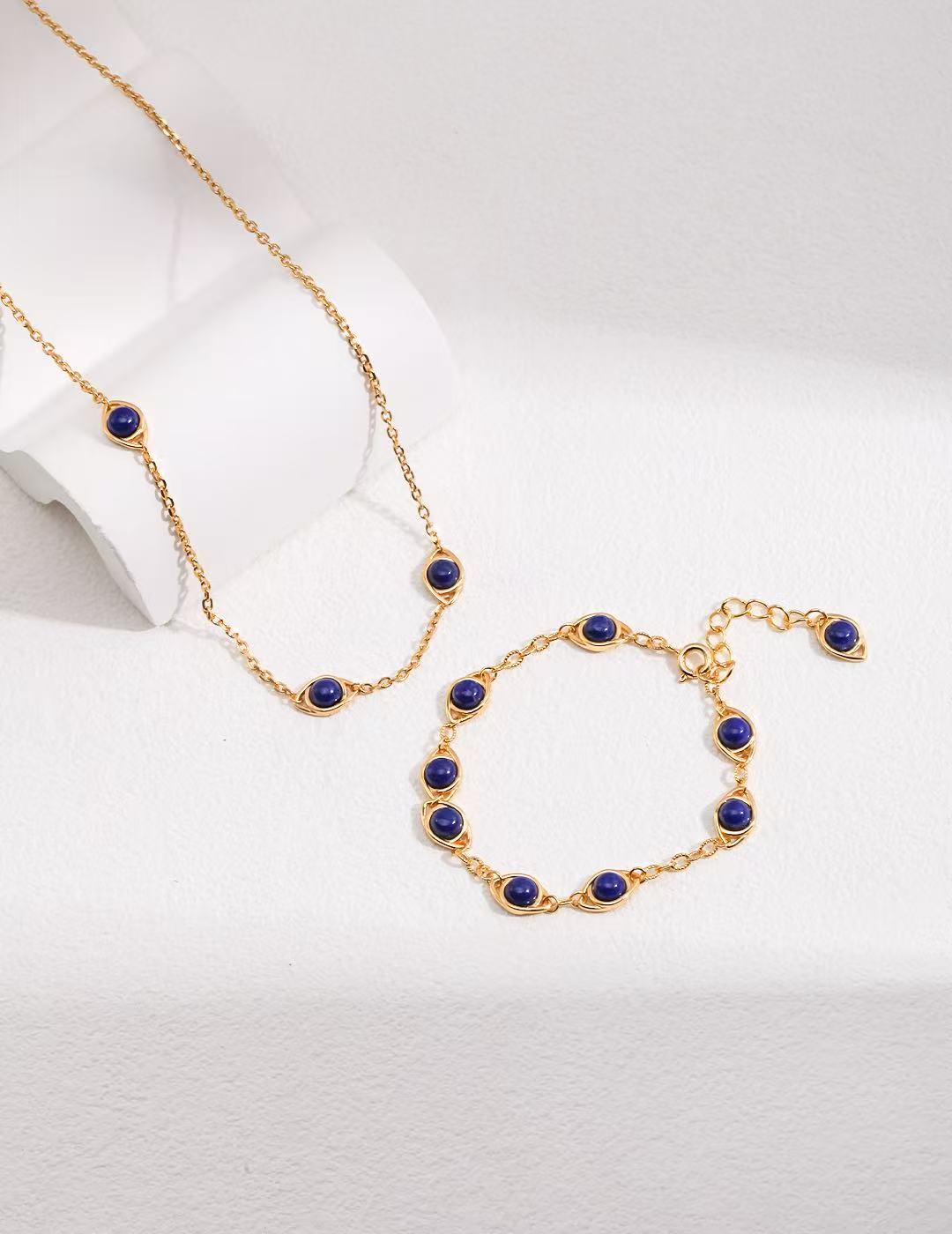 Adjustable S925 Sterling Silver Lapis Lazuli & Tiger's Eye Vintage Gold Bracelets (SL0082)