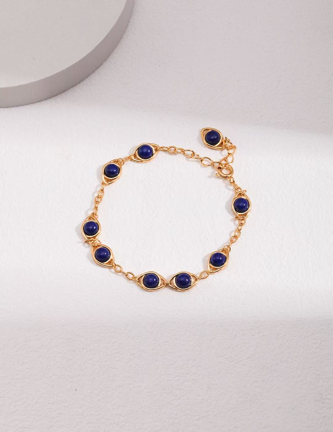 Adjustable S925 Sterling Silver Lapis Lazuli & Tiger's Eye Vintage Gold Bracelets (SL0082)