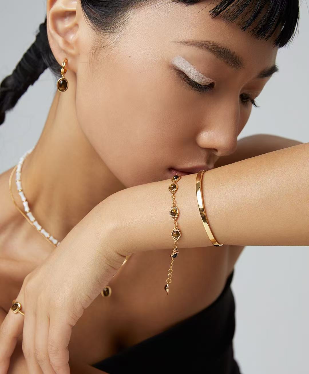 Adjustable S925 Sterling Silver Lapis Lazuli & Tiger's Eye Vintage Gold Bracelets (SL0082)