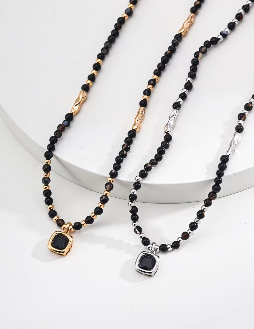 S925 Sterling Silver Round Polished Black Onyx Necklace (D0600)