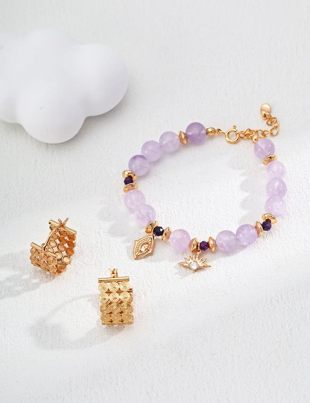 S925 Sterling Silver Lavender-Treated Amethyst Natural Round Crystal & Zircon Bracelet (SL0157-2)