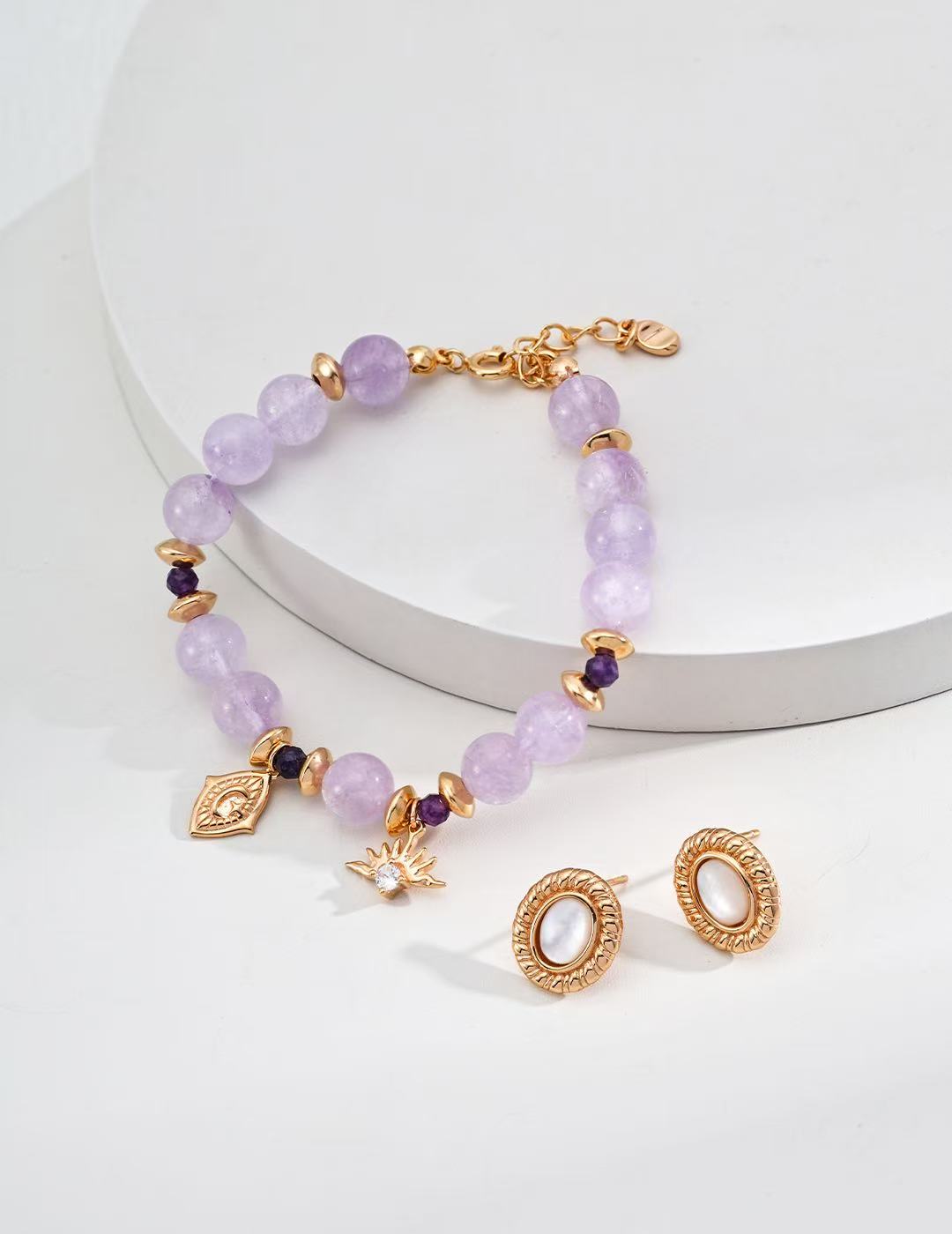 S925 Sterling Silver Lavender-Treated Amethyst Natural Round Crystal & Zircon Bracelet (SL0157-2)
