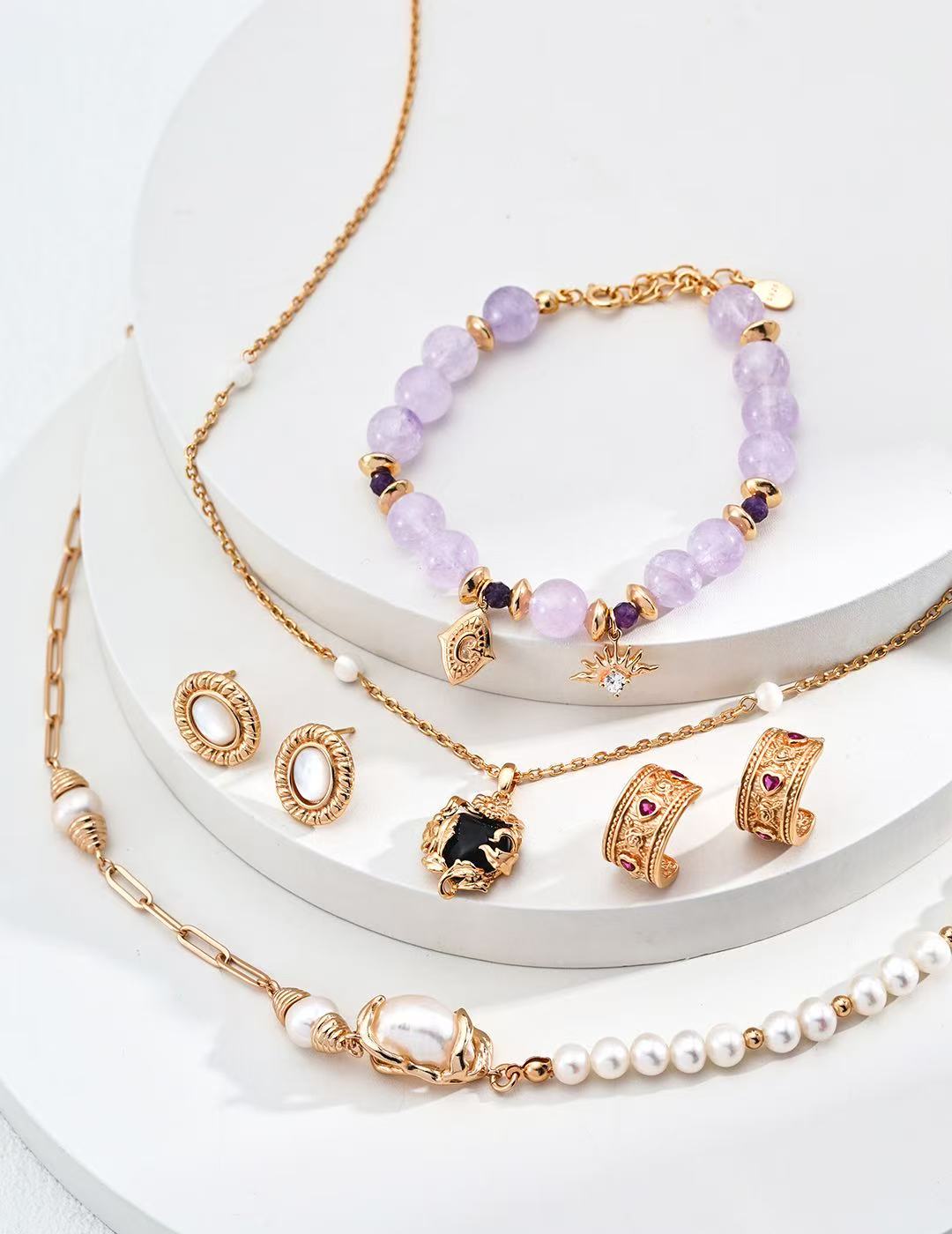S925 Sterling Silver Lavender-Treated Amethyst Natural Round Crystal & Zircon Bracelet (SL0157-2)