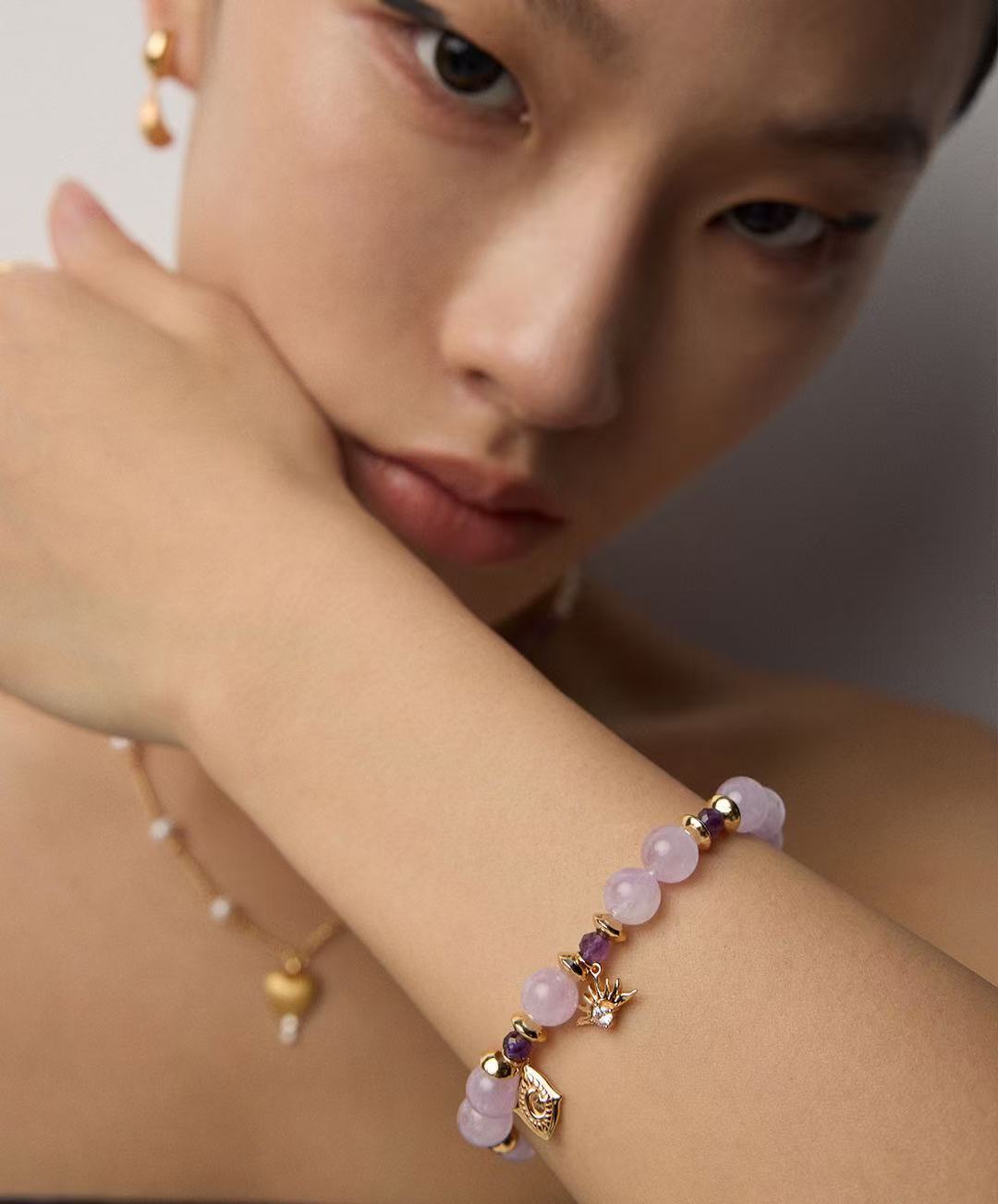 S925 Sterling Silver Lavender-Treated Amethyst Natural Round Crystal & Zircon Bracelet (SL0157-2)