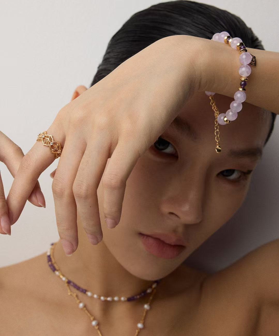 S925 Sterling Silver Lavender-Treated Amethyst Natural Round Crystal & Zircon Bracelet (SL0157-2)