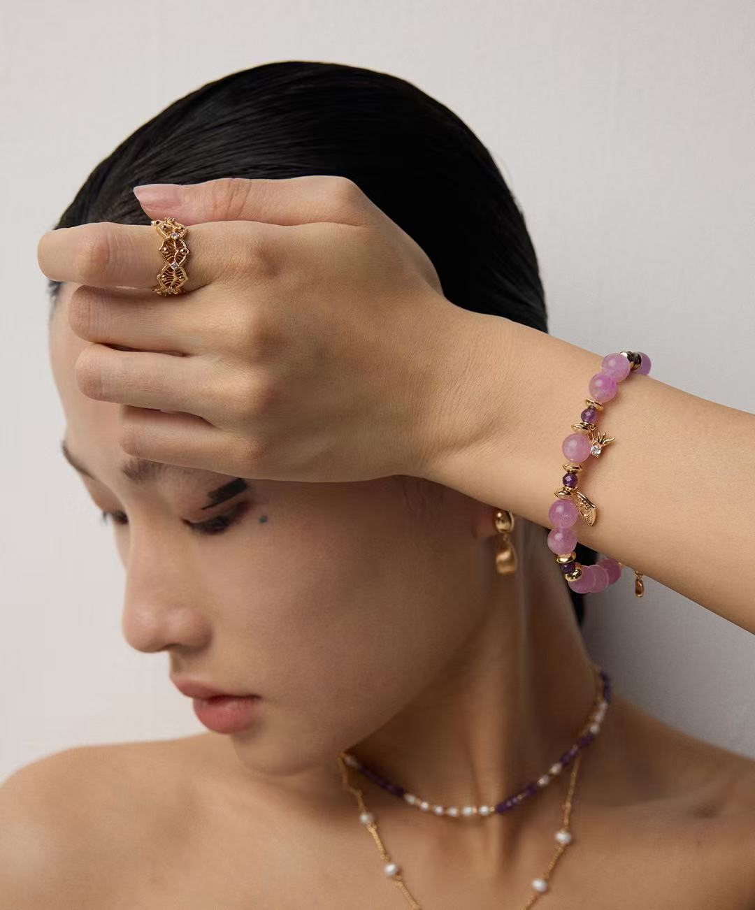 S925 Sterling Silver Lavender-Treated Amethyst Natural Round Crystal & Zircon Bracelet (SL0157-2)