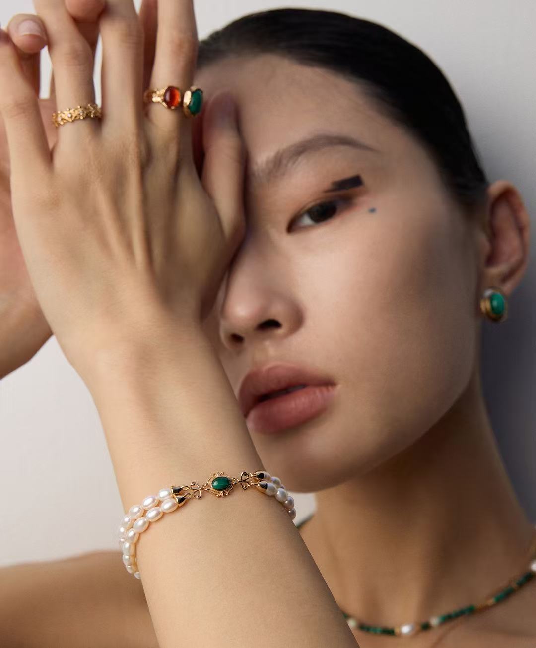 S925 Sterling Silver Adjustable Minimalist Natural Pearl & Malachite Bracelet (SL0172)