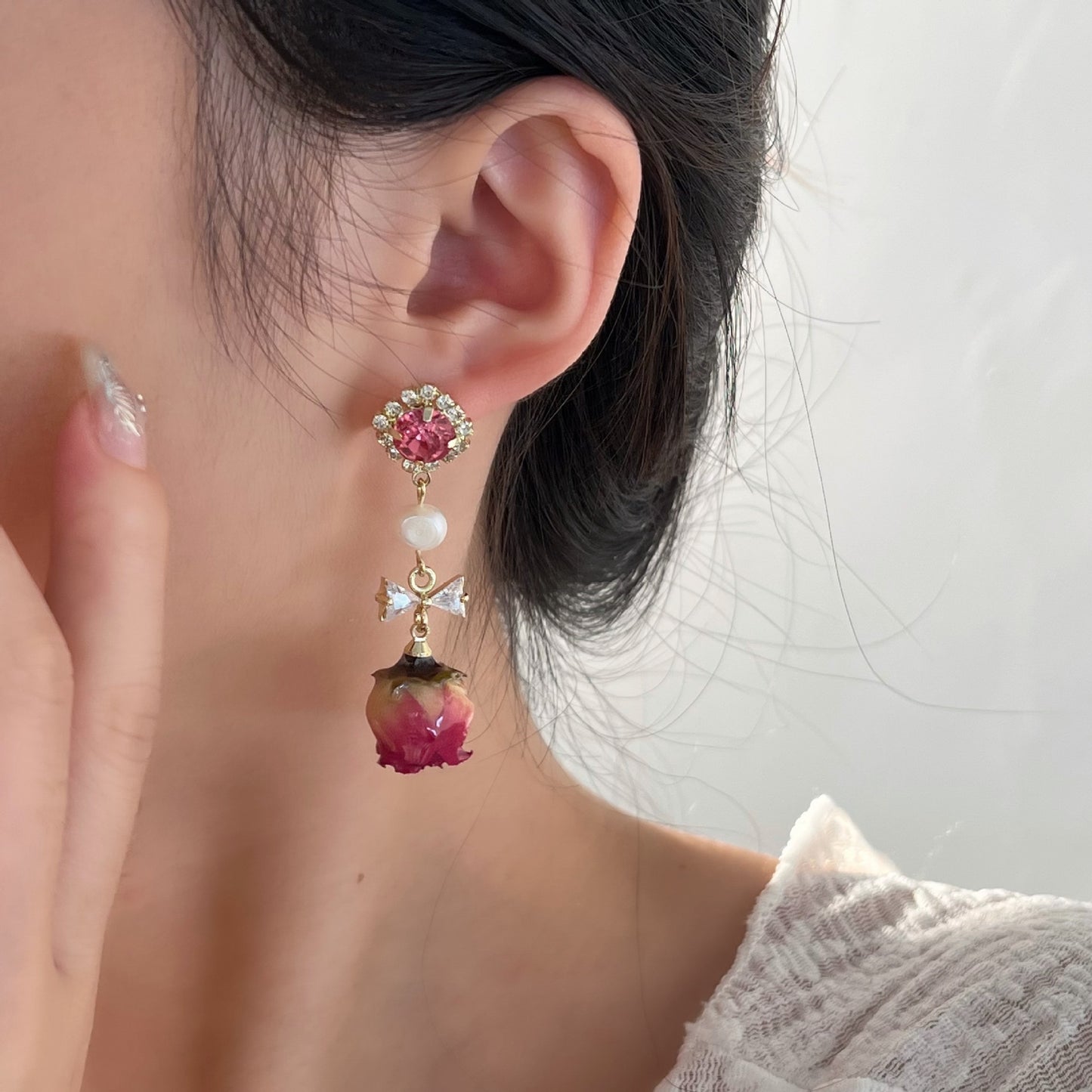 Preserved Flower Earrings - Niche Vintage Forest-Style Freshwater Pearl Rose Earrings (TE35)