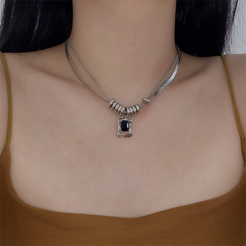 Hip-Hop Style Titanium Steel Zircon Double-Layer Necklace (TX06)