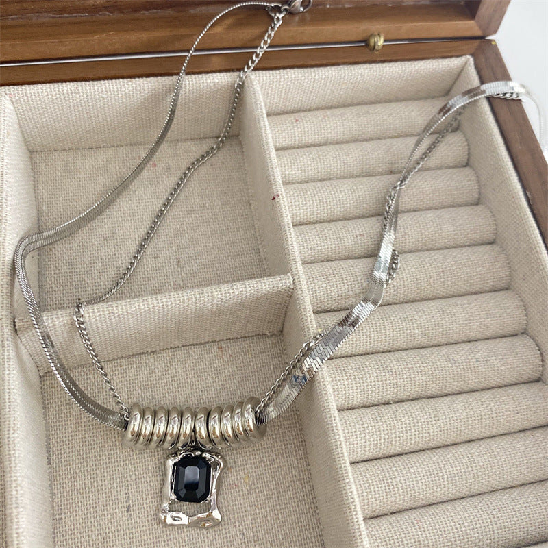 Hip-Hop Style Titanium Steel Zircon Double-Layer Necklace (TX06)
