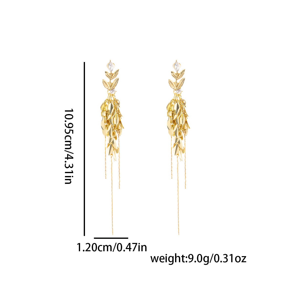 Long Tassel Studs Retro Metallic Wheat Ear & Leaf Drop Earrings (TE22)