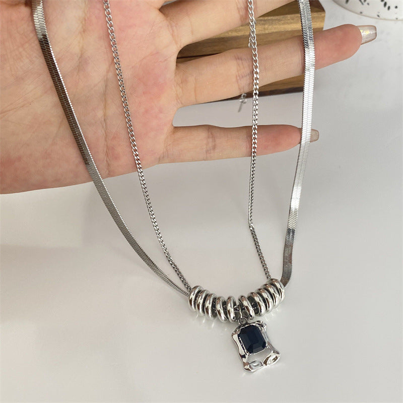 Hip-Hop Style Titanium Steel Zircon Double-Layer Necklace (TX06)