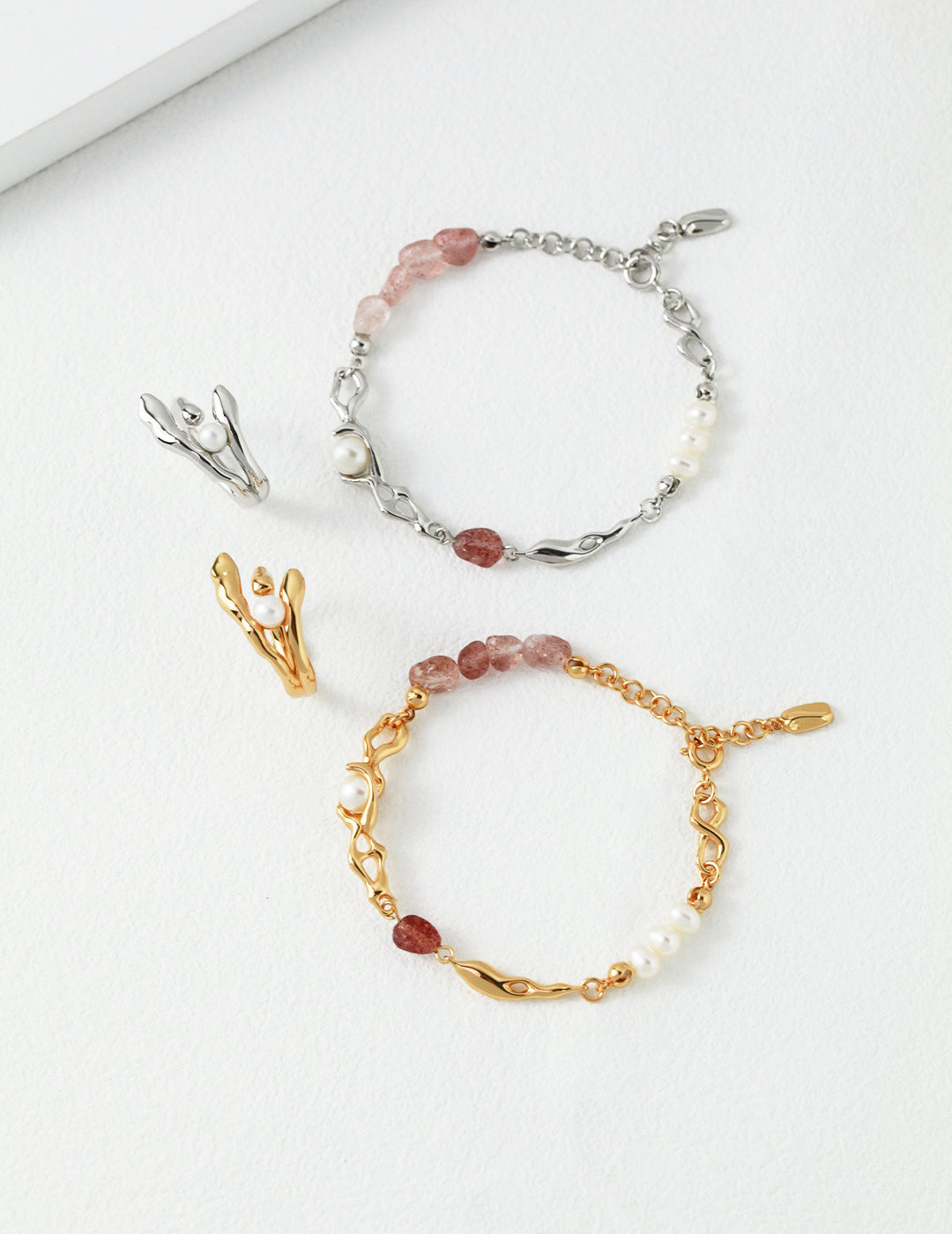 S925 Sterling Silver Pearl & Strawberry Quartz Bracelet (SL0073)