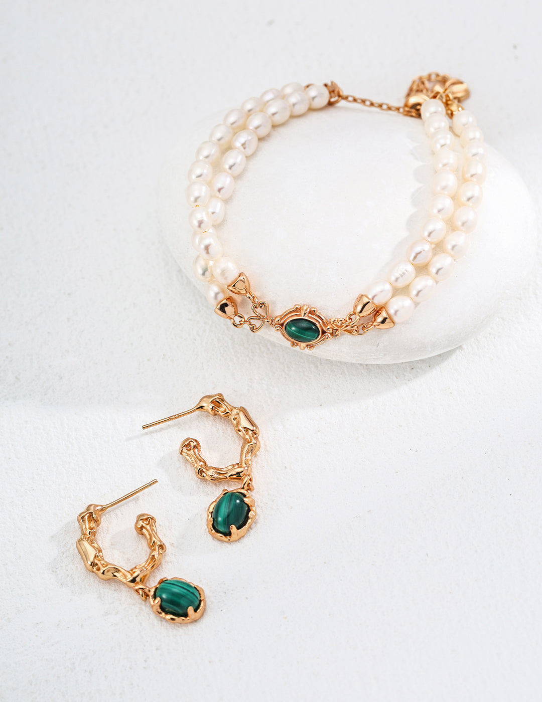 S925 Sterling Silver Adjustable Minimalist Natural Pearl & Malachite Bracelet (SL0172)