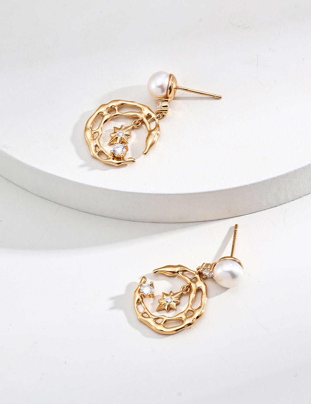 S925 Sterling Silver Natural Pearl & Zircon Earrings - Star & Moon Theme (E01250-2)