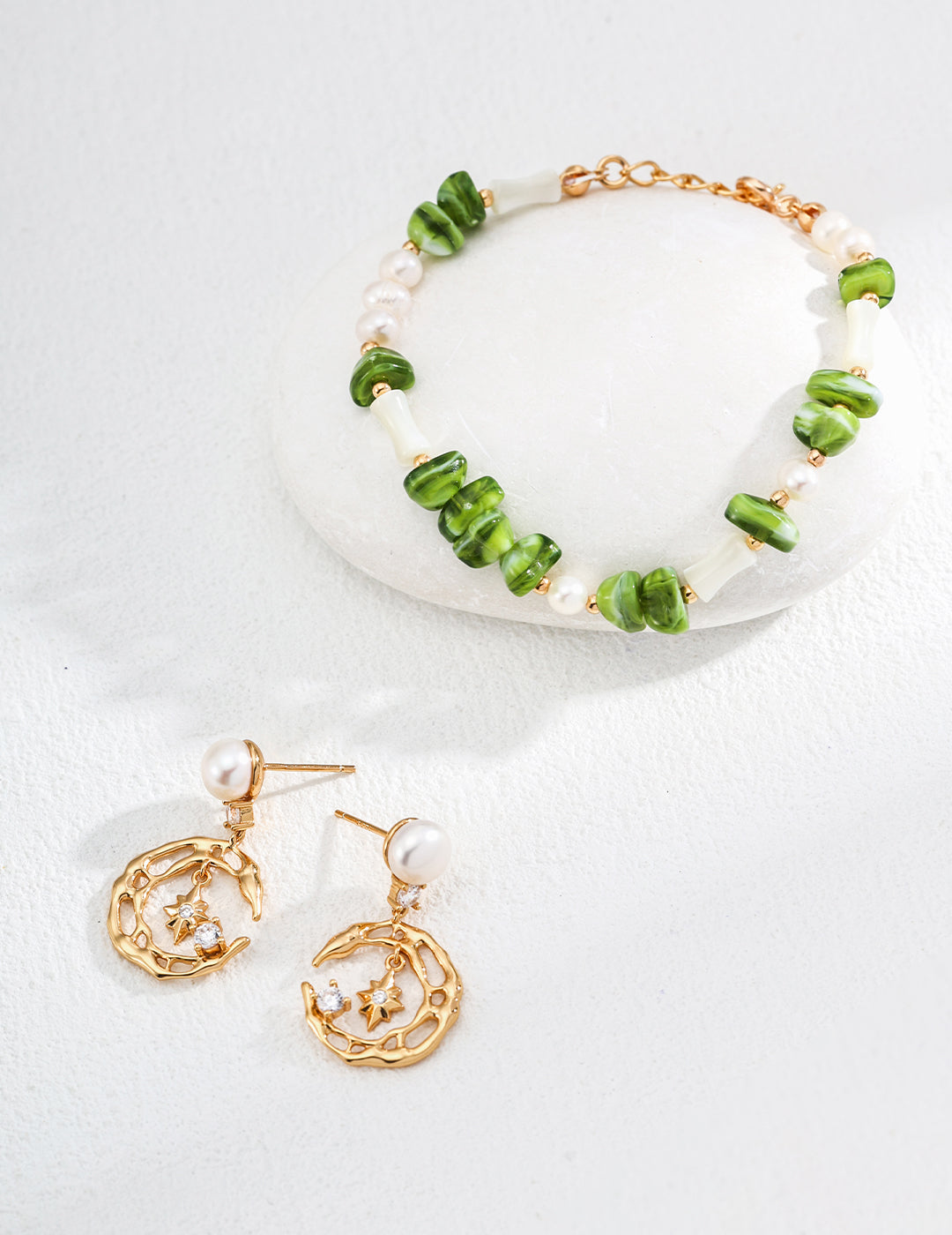 S925 Sterling Silver Natural Pearl & Zircon Earrings - Star & Moon Theme (E01250-2)