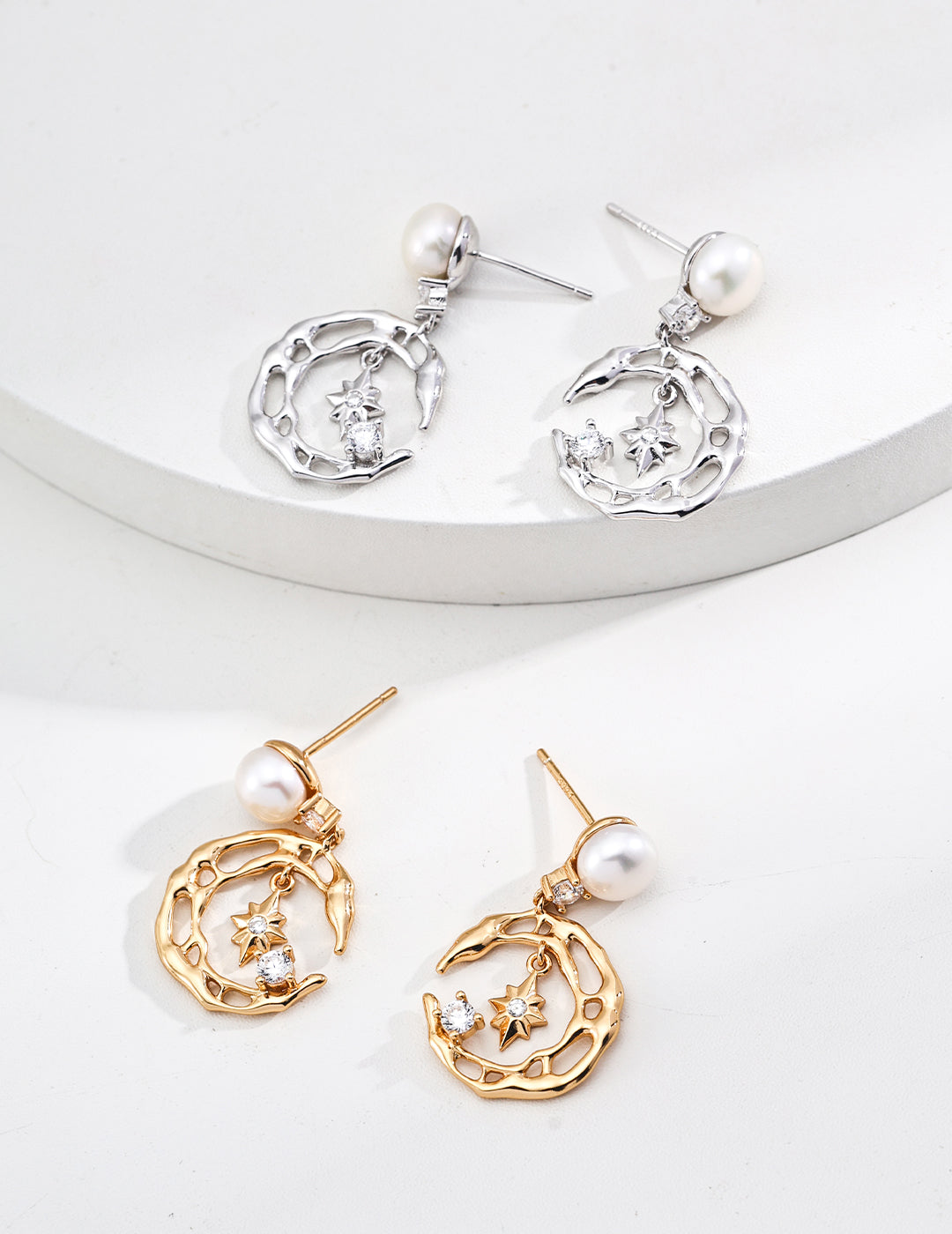 S925 Sterling Silver Natural Pearl & Zircon Earrings - Star & Moon Theme (E01250-2)