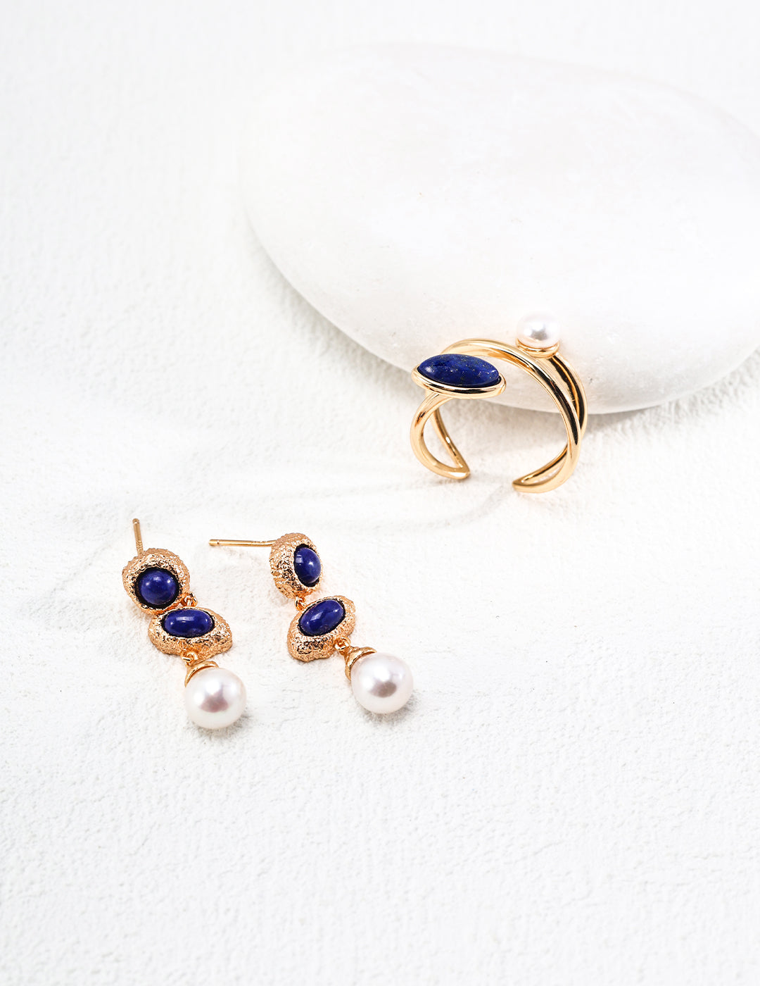 S925 Sterling Silver Minimalist Natural Pearl & Lapis Lazuli Ring (J0262-2)