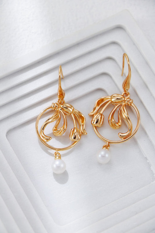 S925 Sterling Silver Vintage Gold Tulip Pearl Earrings (CE0324)