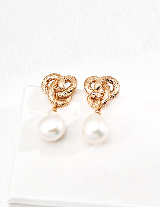S925 Sterling Silver Vintage Natural Baroque Pearl Earrings with Serpent Totem (E01300-2)
