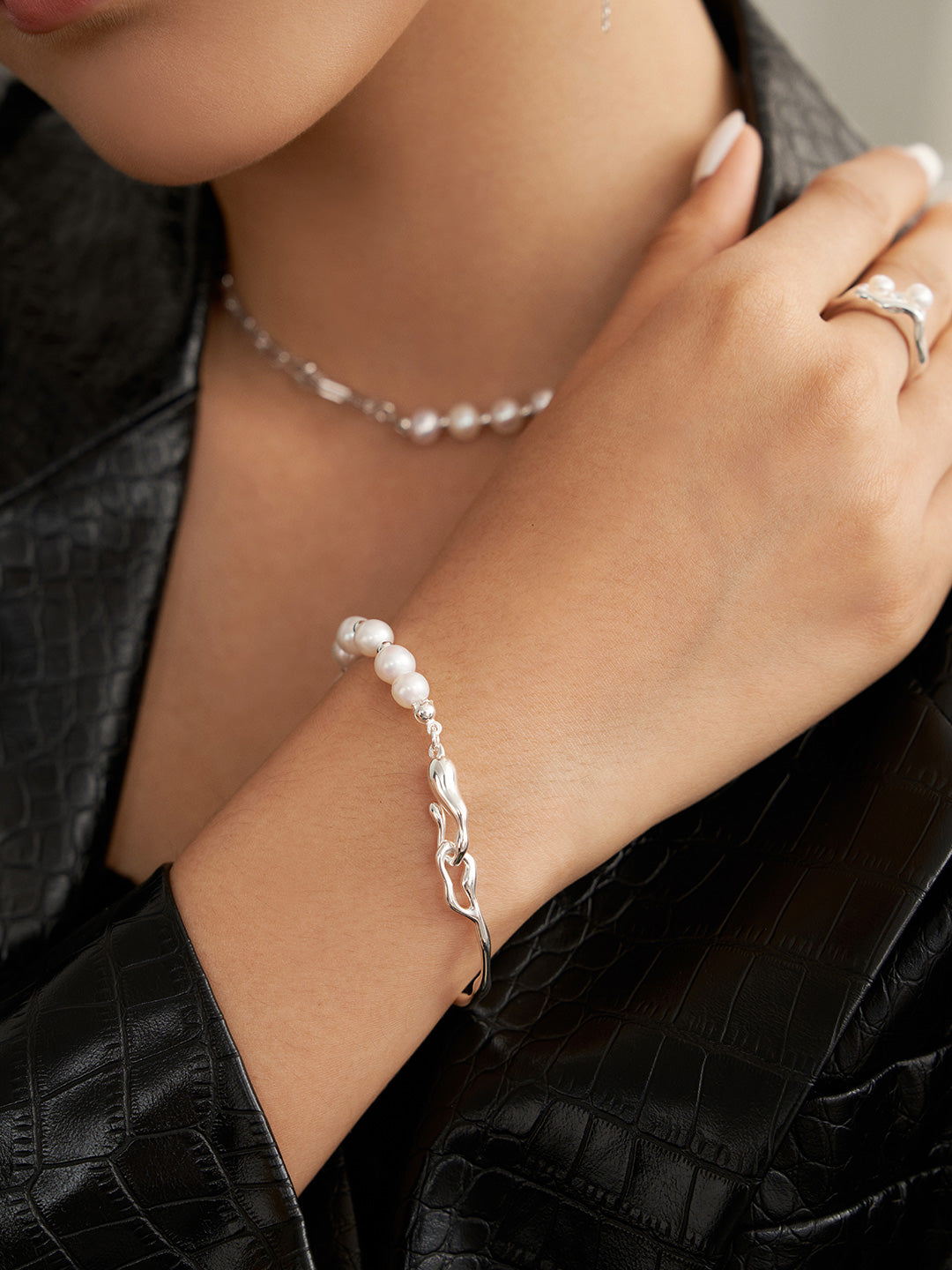 Liquid Collection# S925 Sterling Silver Pearl Bracelet (S0032)
