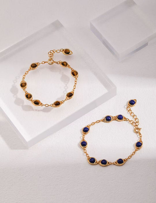 Adjustable S925 Sterling Silver Lapis Lazuli & Tiger's Eye Vintage Gold Bracelets (SL0082)