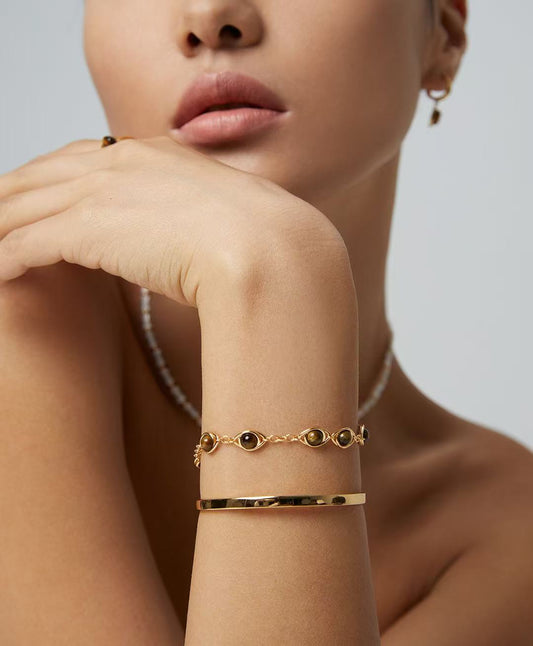 Adjustable S925 Sterling Silver Lapis Lazuli & Tiger's Eye Vintage Gold Bracelets (SL0082)
