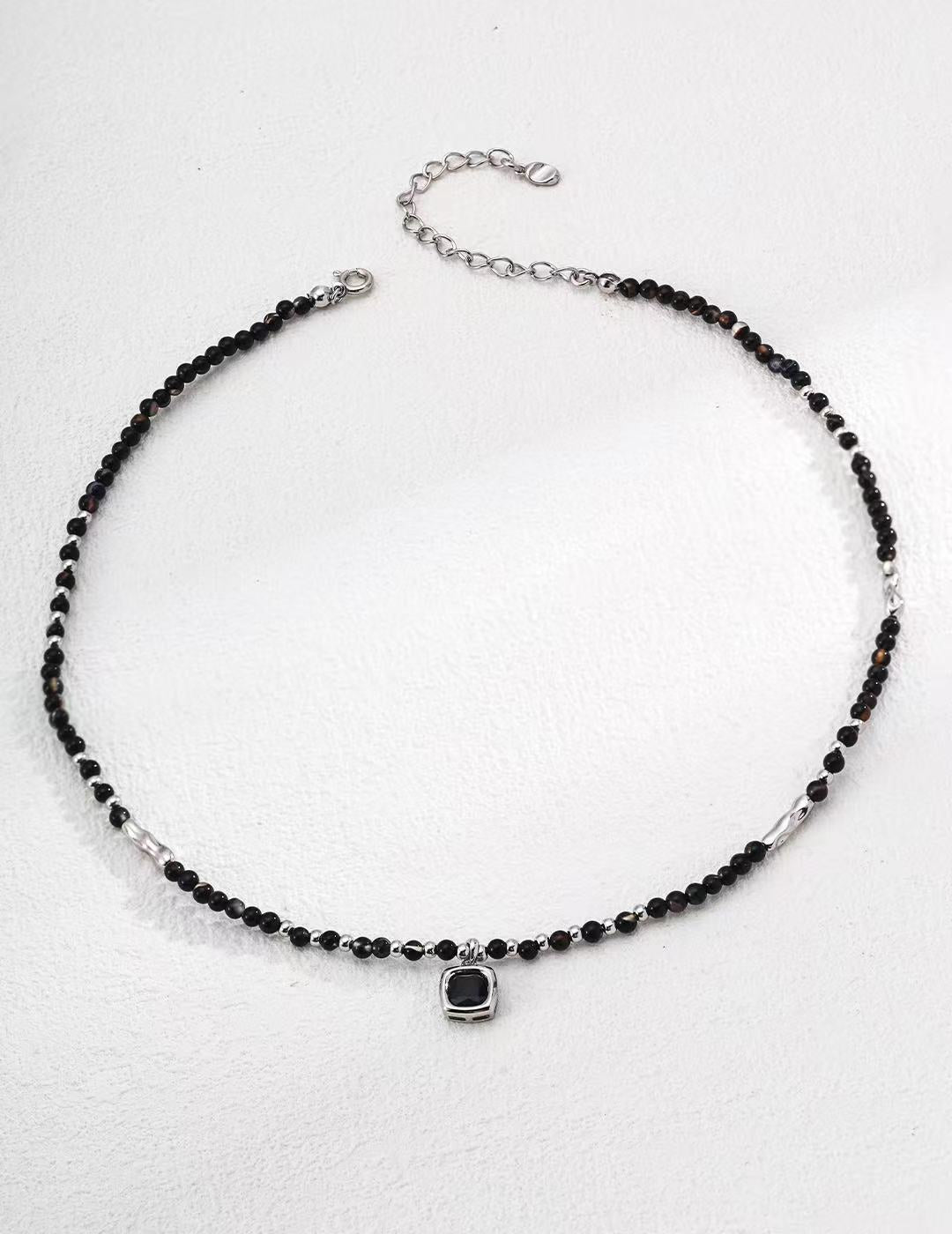 S925 Sterling Silver Round Polished Black Onyx Necklace (D0600)