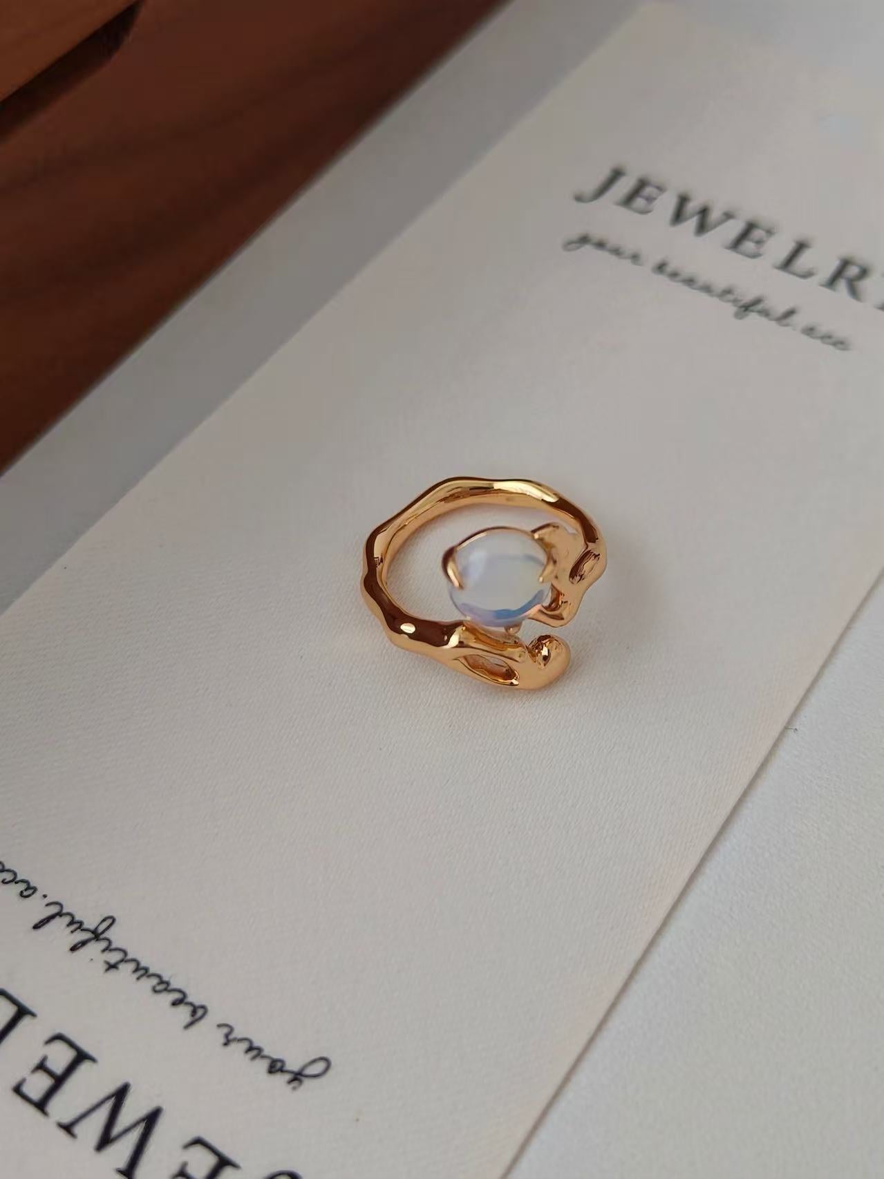S925 Sterling Silver Fully Plated 18K Gold | Natural Opal Ring | Adjustable Ring Size 12 to 16 (J0129)