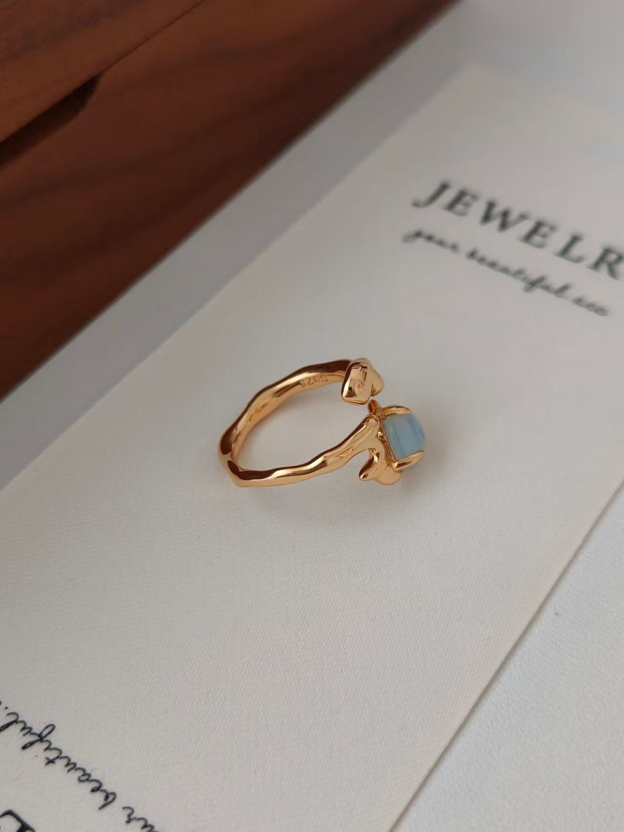 S925 Sterling Silver Fully Plated 18K Gold | Natural Opal Ring | Adjustable Ring Size 12 to 16 (J0129)