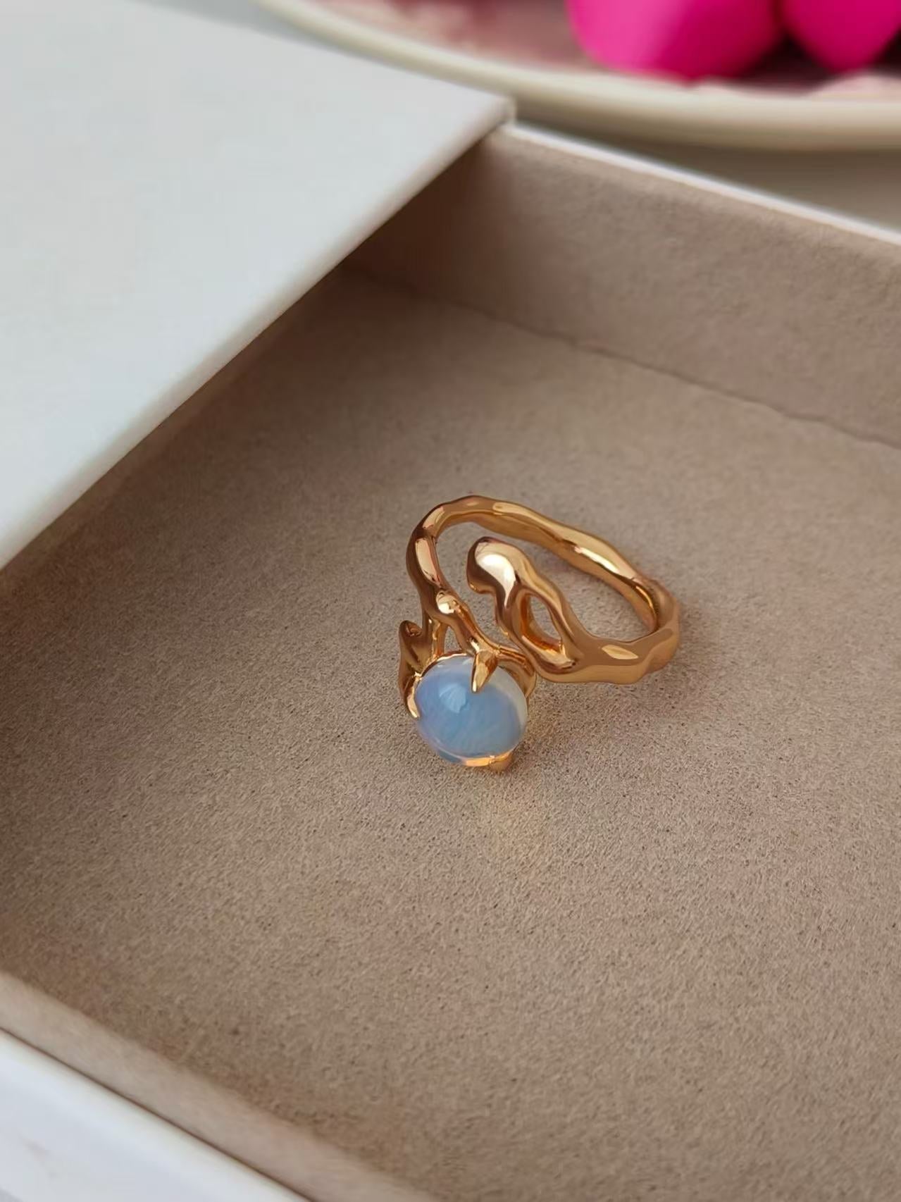 S925 Sterling Silver Fully Plated 18K Gold | Natural Opal Ring | Adjustable Ring Size 12 to 16 (J0129)