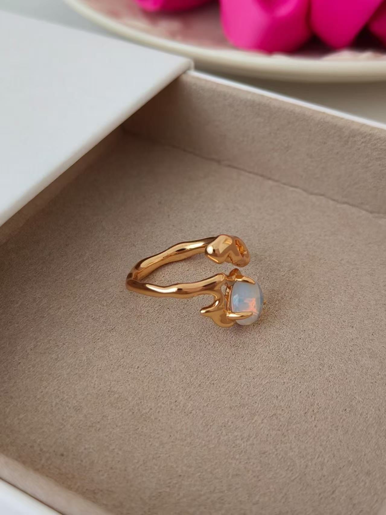 S925 Sterling Silver Fully Plated 18K Gold | Natural Opal Ring | Adjustable Ring Size 12 to 16 (J0129)