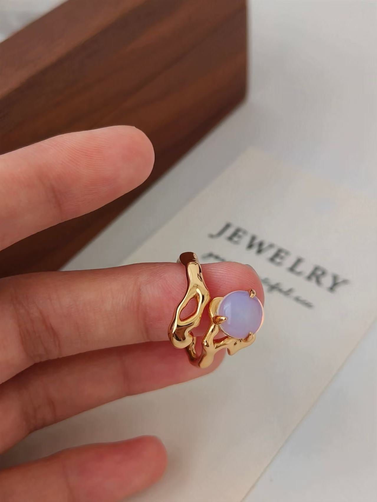 S925 Sterling Silver Fully Plated 18K Gold | Natural Opal Ring | Adjustable Ring Size 12 to 16 (J0129)