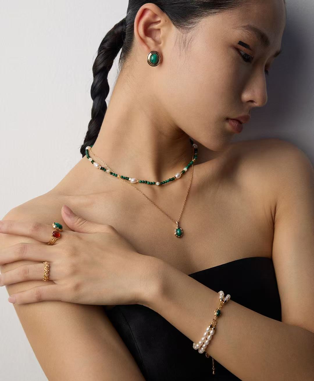 S925 Sterling Silver Adjustable Minimalist Natural Pearl & Malachite Bracelet (SL0172)