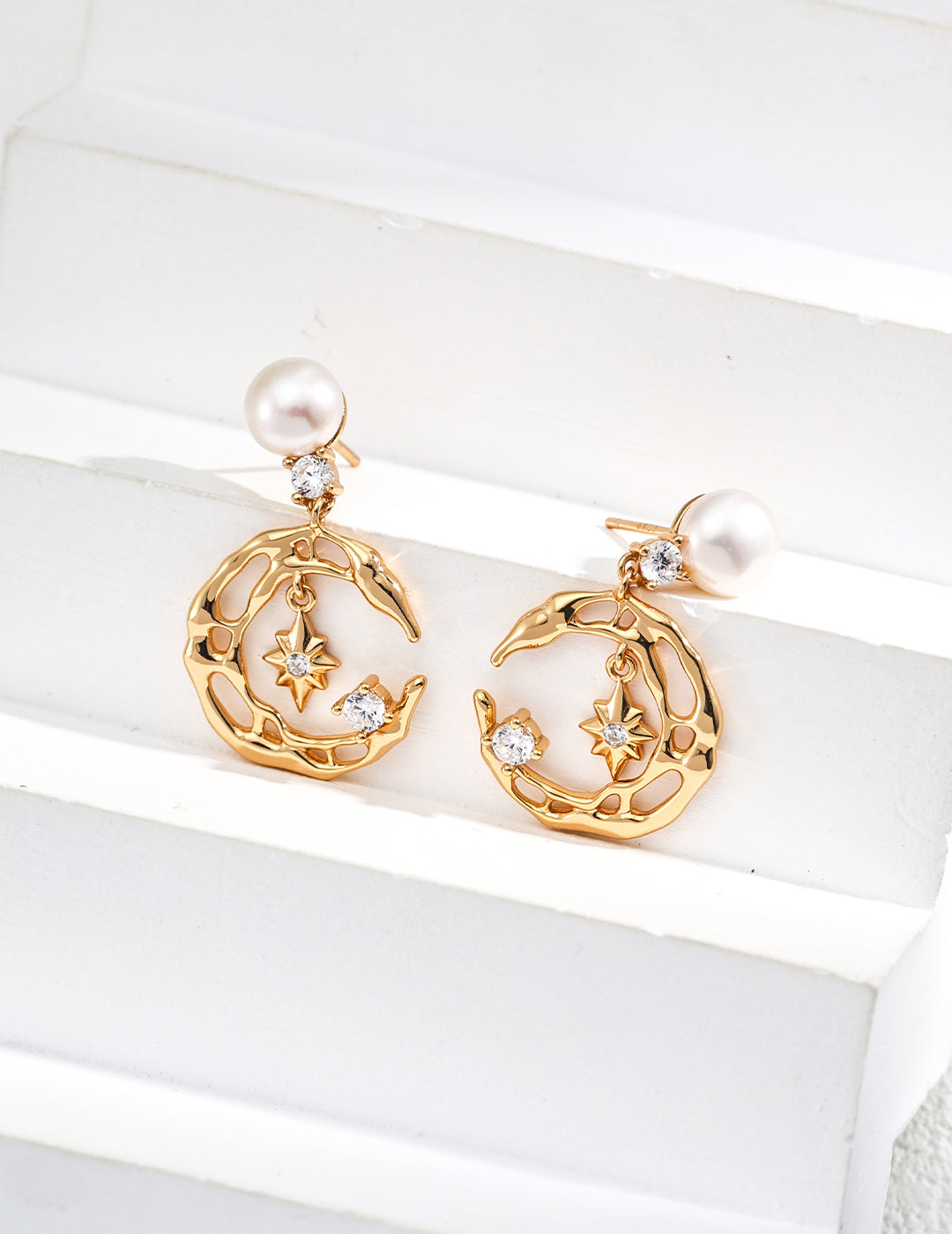 S925 Sterling Silver Natural Pearl & Zircon Earrings - Star & Moon Theme (E01250-2)