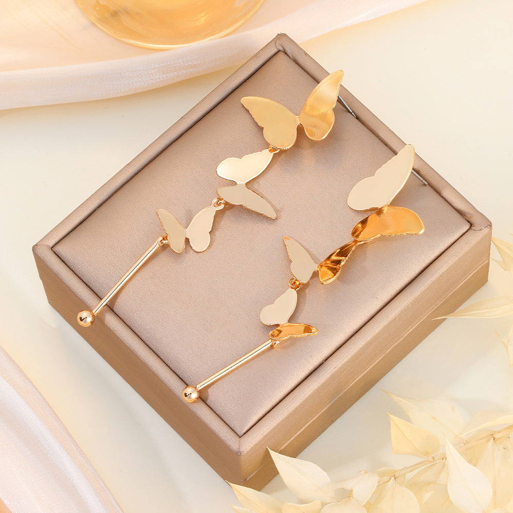 Minimalist Alloy Long Dainty Butterfly Drop Earrings with Silver Plated Needles (TE03)