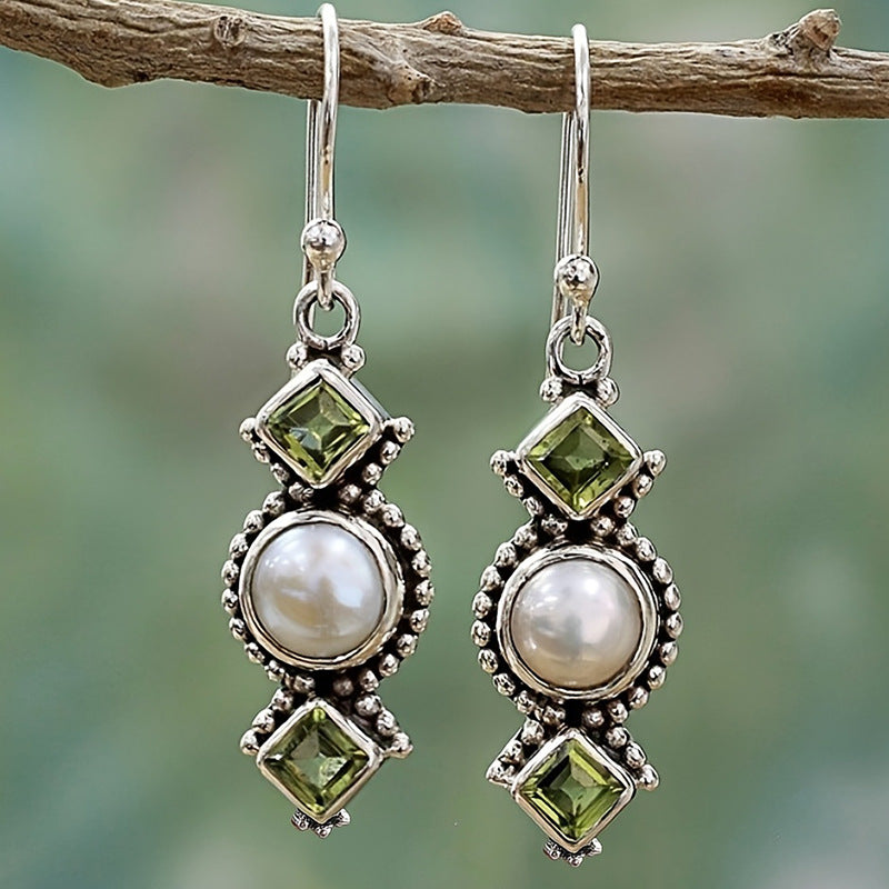 Plated 925 Vintage Thai Silver Pearl Earrings - Creative Square Diamond Olive Green Long Drop Earrings (TE33)