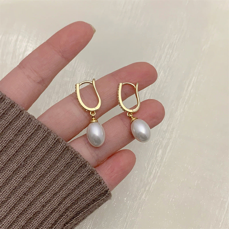 U-shaped Tassel Teardrop Pearl Pendant Earrings (TE34)