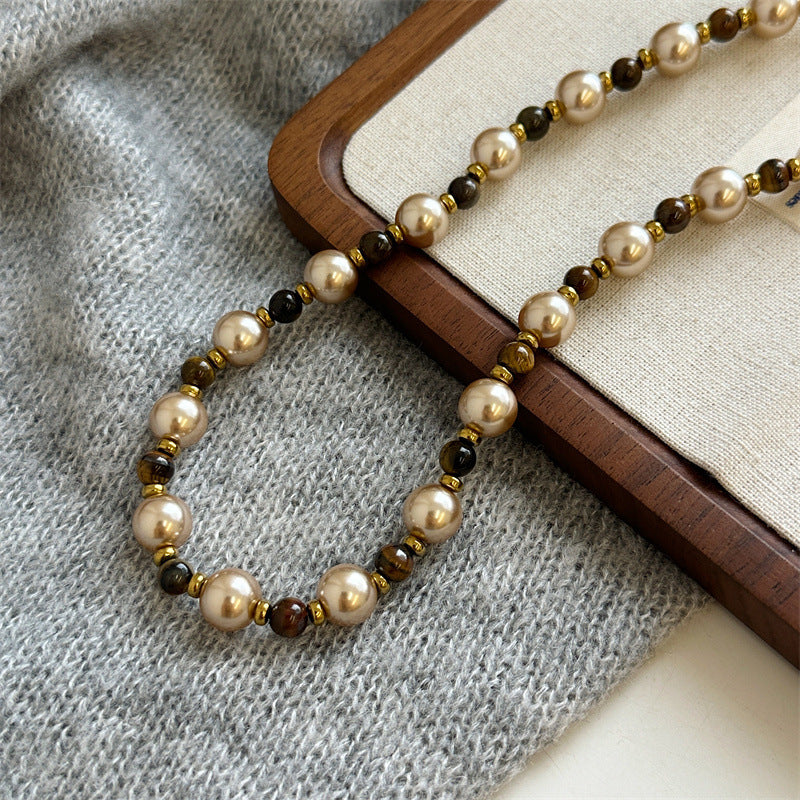 Niche Vintage Maillard Tiger's Eye Stone & Pearl Necklace (TX05)