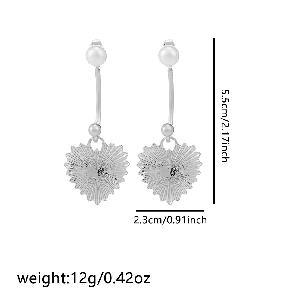 French Retro Niche Design Pearl Drop Back-hook Earrings with Textured Heart Studs (TE20)
