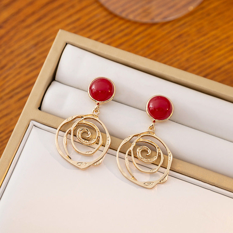 Burgundy Hollow Round Earrings - Niche Versatile Irregular Flower Color-block Earrings (TE23)