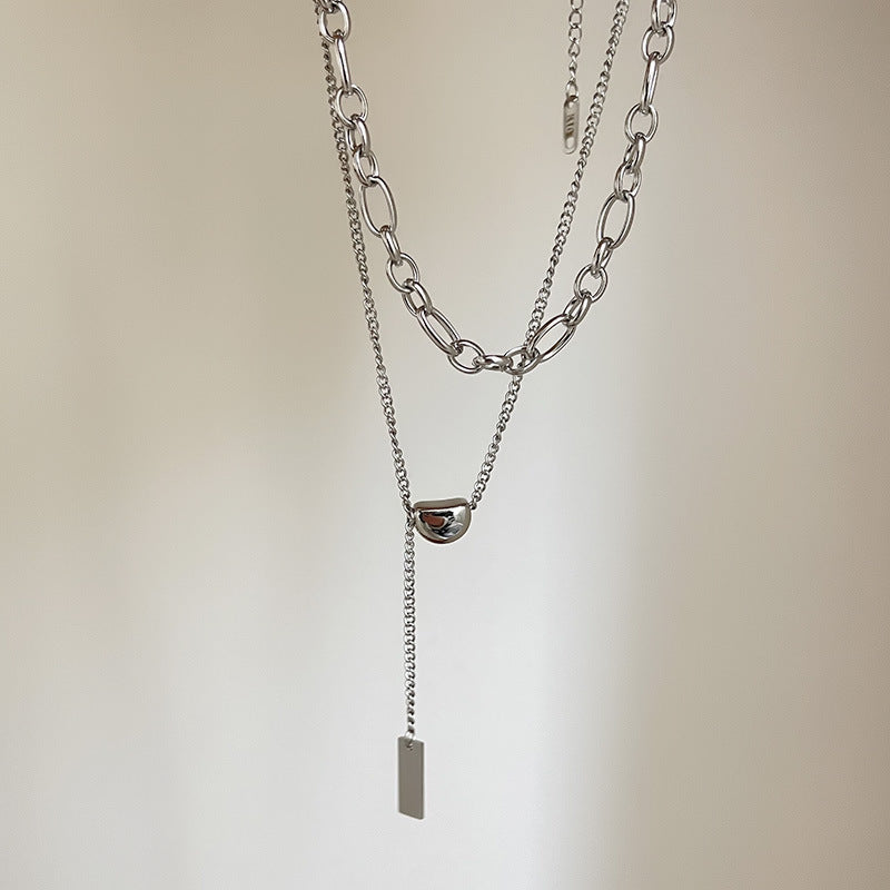 Niche INS-Style Acacia Bean Pendant Titanium Steel Square Tag Double-Layer Necklace (TX11)